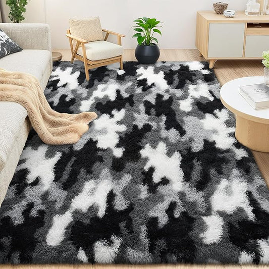 AROGAN Soft Fuzzy Kids Rugs for Girls Room Playroom 3x5 Feet, Fluffy Cute Colorful Princess Carpet for Kids Teens Nursery Toddler, Bedroom, Camouflage Black and White