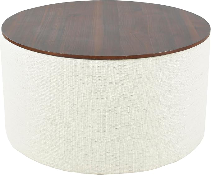 HomePop Modern Fabric Storage Ottoman with Wood Top - Stain-Resistant Cream Woven