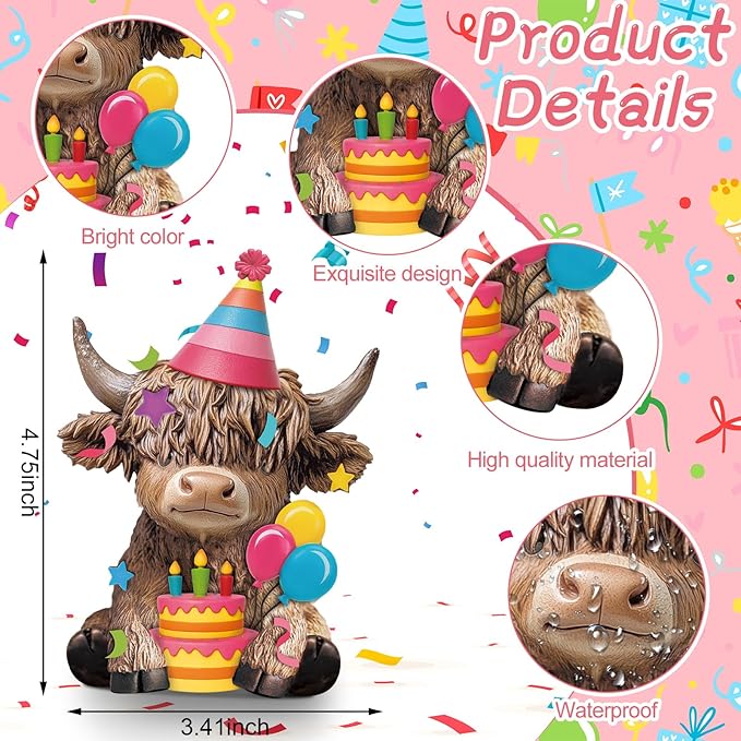 Karenhi 2 Pcs Birthday Highland Cow Figurines, Resin Cow Gnomes Party Hat Gifts Balloons Cake Farmhouse Scottish Resin Statue Calf Lovers Gifts for Home Garden Kitchen Office Tiered Tray Table Decor