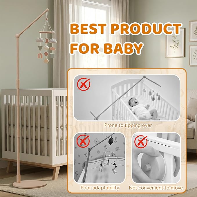Floor-Standing Crib Mobile Arm,44.5-61 Inches Adjustable Height Natural Beech Wood, Baby Mobile Holder Hanger for Crib/Bassinet/Playpen, Easy Assembly Unisex Nursery Decor