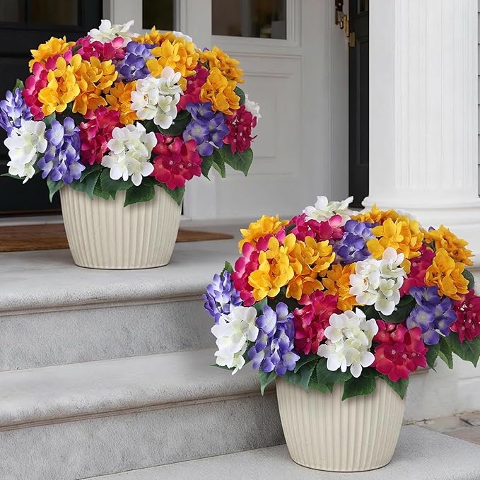 16 Bundles Artificial Hydrangea Flowers for Outdoor Decor, Realistic Faux Silk Bouquets Sun-Resistant Fake Plants for Front Door Balcony Farmhouse Garden Home Spring Summer Decor (Mixed Color)