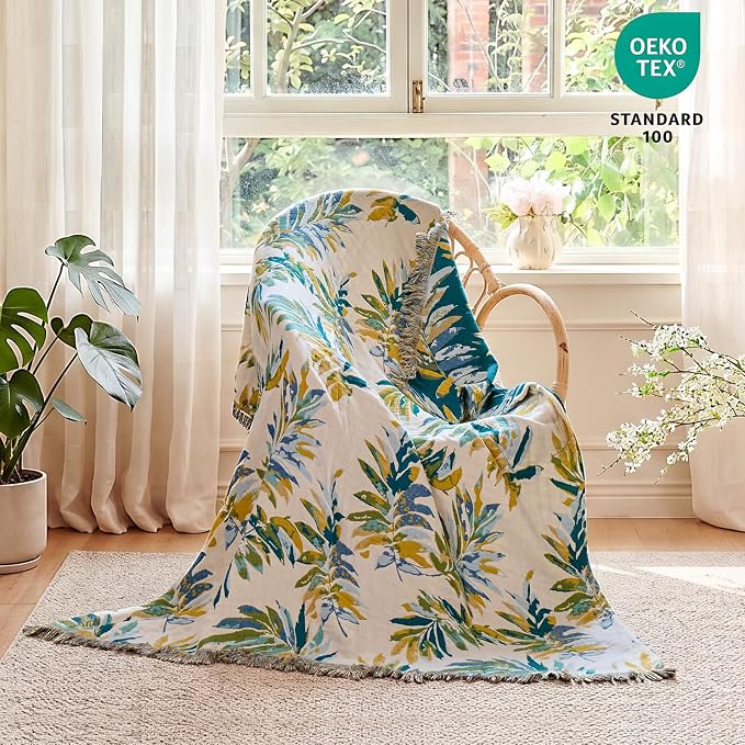 MSGKV Boho Throw Blanket for Couch Cotton Leaves Blanket 50"x60" Throws for Sofa Chair Muslin Summer Breathable Lightweight Farmhouse Blankets Home Decor All Seasons