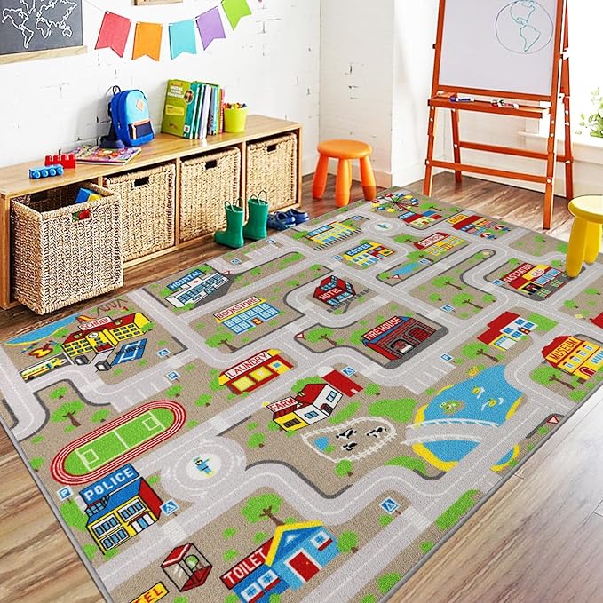 Capslpad Tan Car Road Kid Rug Carpet Playmat for Playoom Traffic Road Kids Play Mat for Toddler Non Slip Washable City Map Race Track Carpet Rug for Kids Room Bedroom Nursery Room Decor,6.6'x5'