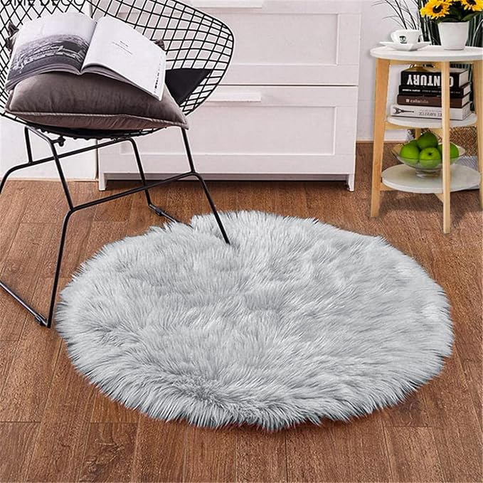 Goolela Grey Round Rug 3ft Fluffy Faux Sheepksin Fur Rug Fuzzy Gray Bedside Rugs for Bedroom Living Room Plush Soft Circle Shag Carpet