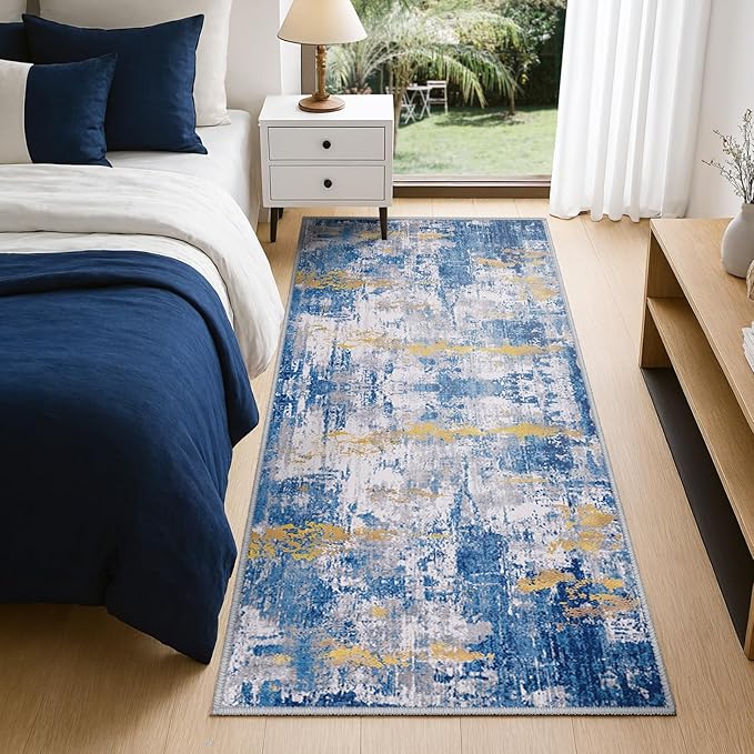 RELEANY Washable Area Rugs 2'x8' Non-Slip Modern Abstract Soft for Living Room Entryway Bedroom Nursery, Print Pattern, Grey Blue Gold/Golden