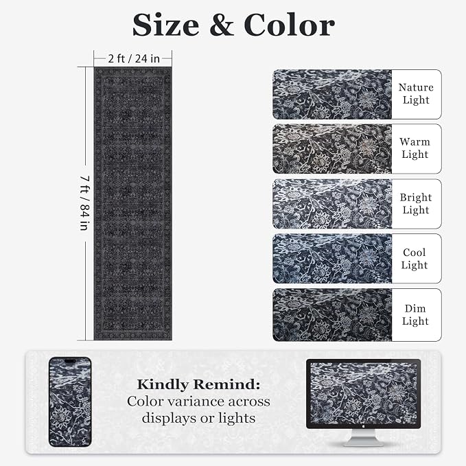 Dark 2x7 Hallway Runner Rug Non Slip, Vintage Charcoal Entryway Rugs for Inside House Mudroom, Kitchen Runner Rugs Non Skid Washable, Carpet Runner for Bathroom Laundry Room Bedroom, Midnight