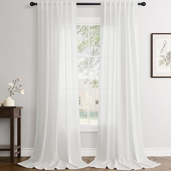 Jowels Off White Linen Curtains 108 Inch Long 2 Panels for Living Room | Light Filtering Semi Sheer Curtain, Back Tab Pocket Pleated Look, Boho Farmhouse Textured Privacy Drapes for Bedroom Window