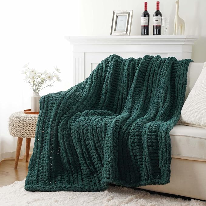 Battilo Chunky Knit Throw Blanket for Couch, Christmas, 50"x60", Dark Green | Hand Knit, Gift Blanket for Christmas Decor, Cozy Warm Thick Soft Chenille Throw Blanket for Bed, Sofa, Chair, Living Room