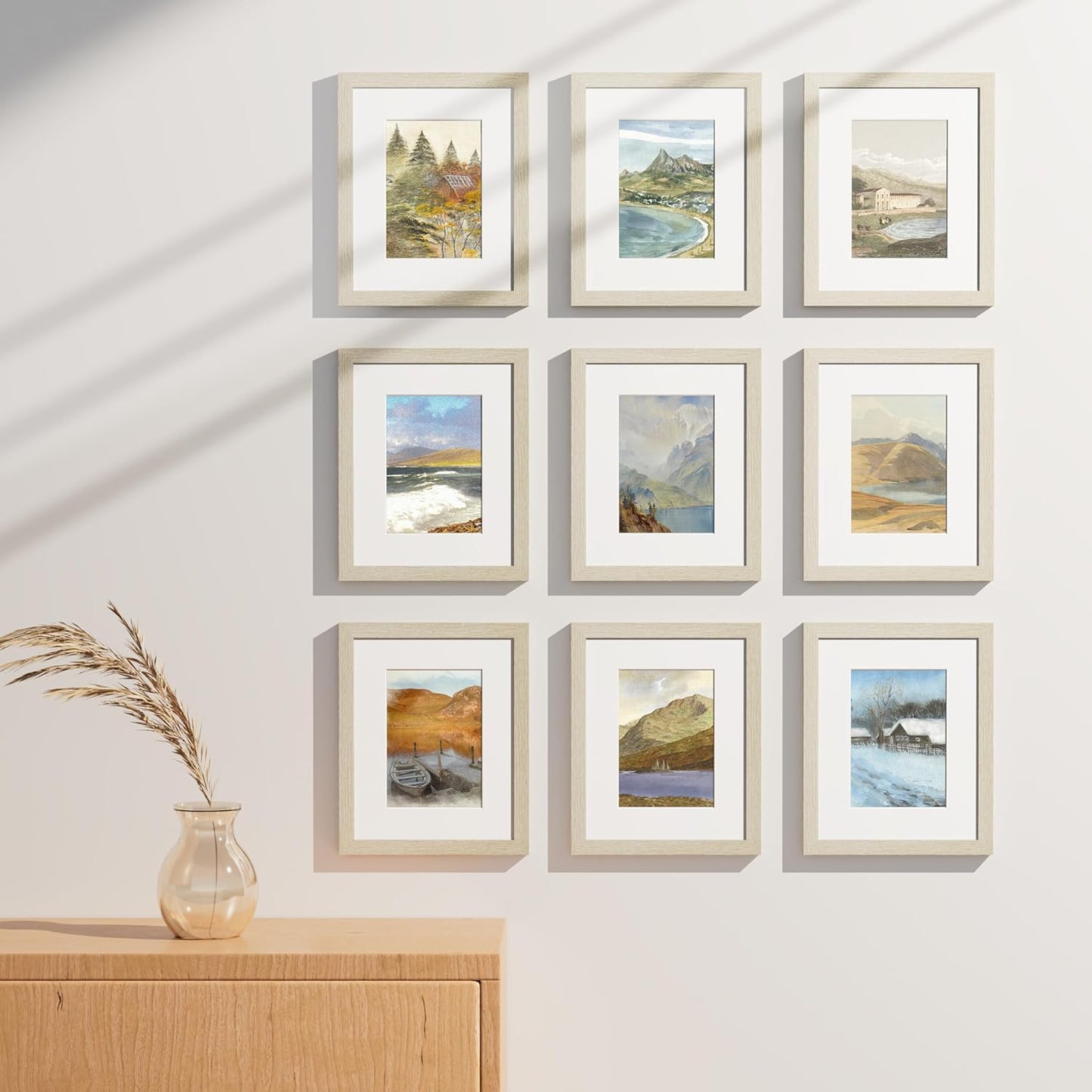 Vittanly 8x10 Picture Frames Set of 9, Shatter Resistant Plexiglass, Display 5x7 Pictures with Mat or 8x10 without Mat, Photo Frames for Wall or Tabletop, Engineered Wood, Cornsilk