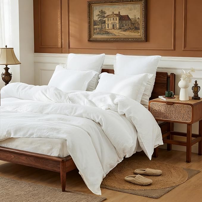 Simple&Opulence 100% Linen Duvet Cover Set, 3 PCS Natural French Flax White Duvet Cover Full Size, Breathable Soft Comfy Linen Bedding Comforter Cover with 2 Pillowcases(White, 78"x86")