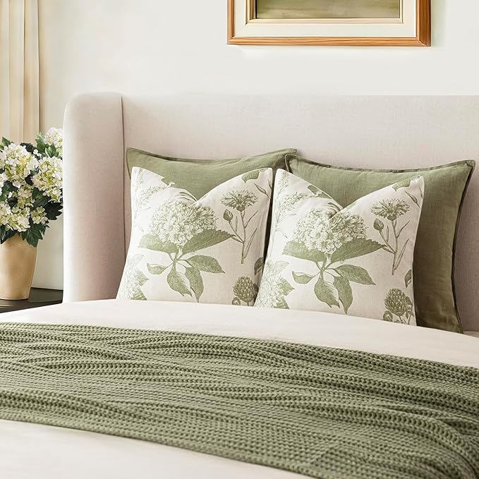 Foindtower Set of 2 Linen Floral Throw Pillow Covers Vintage Accent Print Decorative Cozy Cushion Covers Farmhouse Boho Home Decor for Sofa Chair Couch Bedroom Living Room,24×24 Inch,Light Green