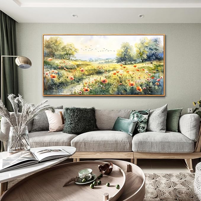 XIGUANGART Canvas Wall Art for Living Room Wildflower Pastoral Scenery Paintings Large Framed Wall Decor Meadow Abstract Pictures Rustic Floral Art Print for Bedroom Office Modern Artwork Decorations