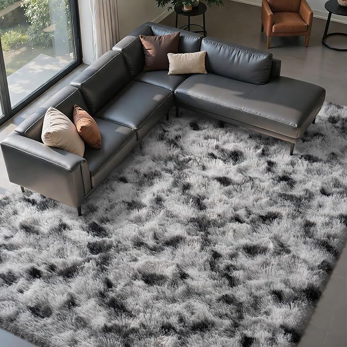 FinRèc 9x12 Rugs for Living Room Bedroom, Black and White Fluffy Shaggy Area Rug, Non-Slip Soft Shag Rug for Nursery Kids Room Dorm Room Home Decor, Indoor Plush Floor Carpet