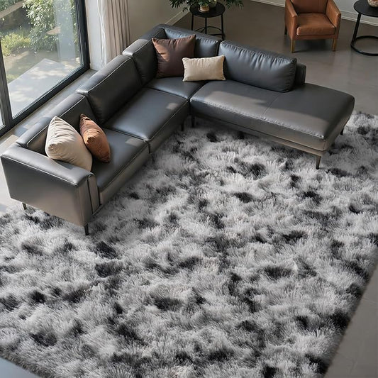 FinRèc 9x12 Rugs for Living Room Bedroom, Black and White Fluffy Shaggy Area Rug, Non-Slip Soft Shag Rug for Nursery Kids Room Dorm Room Home Decor, Indoor Plush Floor Carpet