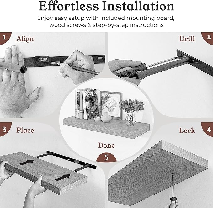 Floating Shelves for Wall, 9.3" Deep Wall Mounted Wood Shelves for Bathroom, Bedroom (Black, 48)