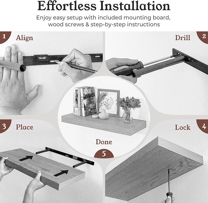 Floating Shelves for Wall, 9.3" Deep Wall Mounted Wood Shelves for Bathroom, Bedroom, Living Room, Kitchen, Hanging Shelf for Books/Storage/Room Decor (Walnut, 55")