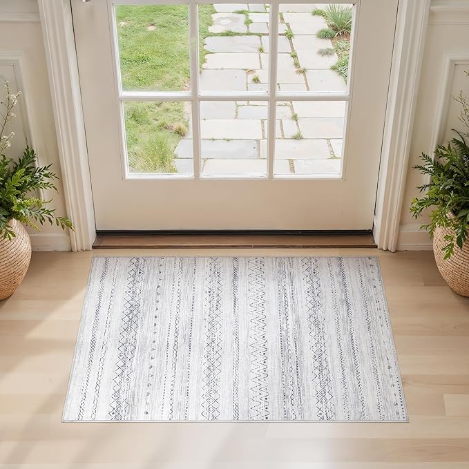 cotiled Washable 2x3 Entryway Rug: Washable Boho Rugs with Non Slip Backing Small Soft Indoor Stain Resistant Carpet for Kitchen Front Lightweight Home Decor Grey