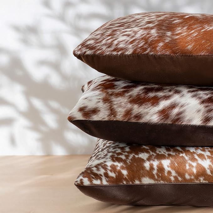 ecowhides 100% Genuine Brazilian Cowhide Pillow Cover – Brown Salt and Pepper – Single-Sided – Luxury Leather Decorative Cushion for Rustic & Western Home Décor – 15” x 15”