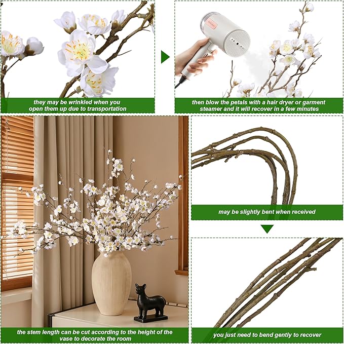 florisso 6 PCS Artificial Cherry Blossom Branches Spring Indoor Decoration, Faux Flowers 34.45" Long Stems Plum Fake Peach Plants Real Touch Silk for Wedding Home Bedroom Party Table Office, White