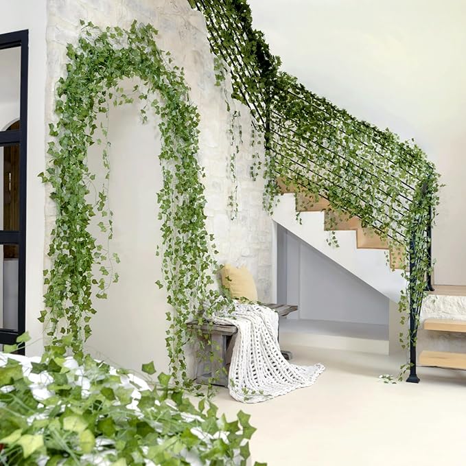CQURE 240 Pack 1680Ft Artificial Ivy Fake Vines,Ivy Garland Greenery Garland Fake Hanging Plants Vines Aesthetic Green Leaves for Bedroom Wedding Party Garden Wall Room Decor
