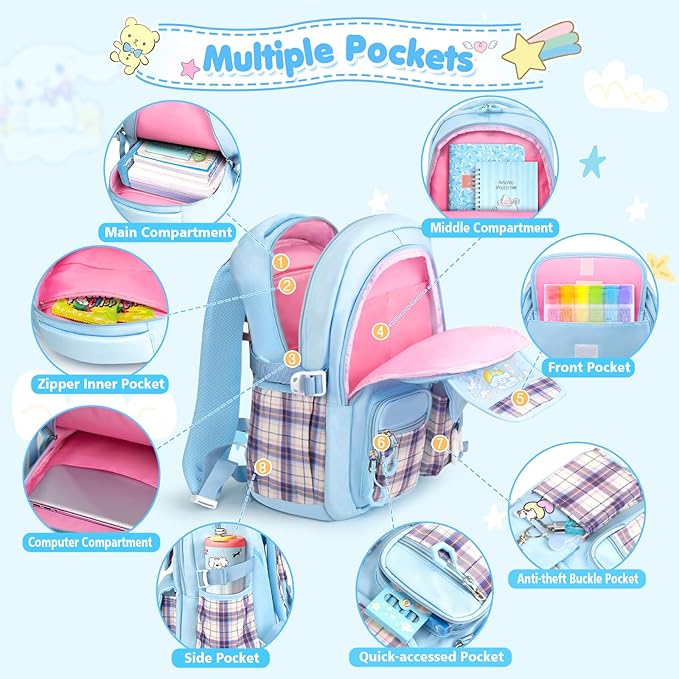 KIEAL 16.5/19IN School Backpack for Girls with 24Pcs Accessories, Anti-Theft Kids Backpack for Students, New Semester Presents with Pins and Card Holder