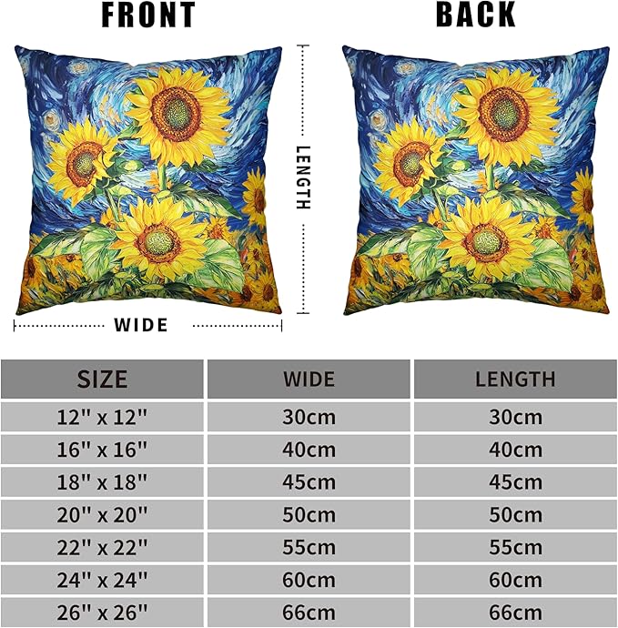 Sunflower Pillow Covers 16x16 Set of 2 Van Gogh Starry Night Throw Pillow Covers Oil Painting Sunflowers Pillow Case Spring Summer Cotton Linen Cushion Case for Sofa Garden Patio