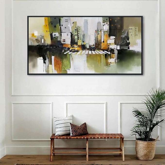 HGUAOA Abstract Canvas Wall Art for Living Room - Modern Wall Art for Office & Bedroom - Yellow City Wall Pictures for Above Bed Decor - Large Canvas Artwork for Home Decor 20×40IN