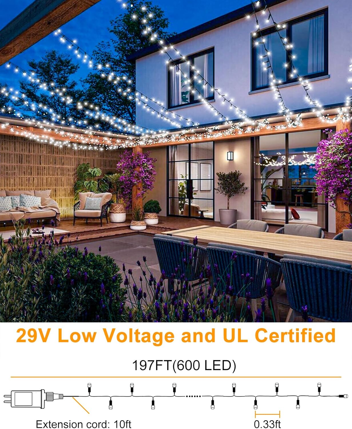 197FT 600 LED Christmas Lights Outdoor, Plug in Christmas Tree Lights 8 Modes, Waterproof Green Wire String Twinkle Lights for Indoor House Patio Yard Party Wedding Holiday Decorations, White