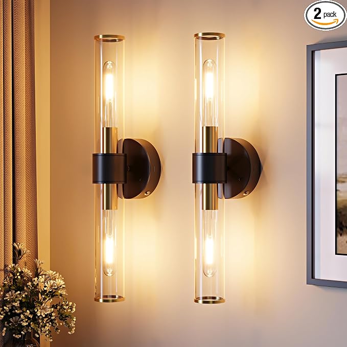 10000mAh Battery Operated Wall Sconces Set of 2, Black Gold Dimmable Rechargeable Wall Sconce with Remote, 20 Inch Wireless Warm Glass Wall Light for Bedroom Living Room Entryway (Bulbs Included)