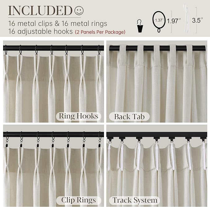 Pinch Pleated Thick Linen Curtains 108 Inch Length 2 Panels Set for Living Room Warm Beige Neutral Pleated Curtains Semi Sheer Light Filtering Privacy Bedroom Window Drapes