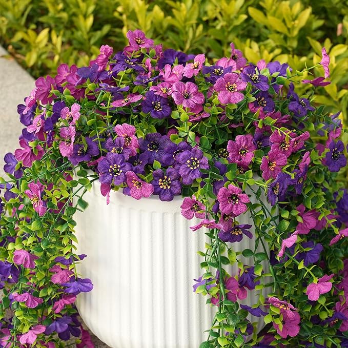 Fanfantoey 4Pcs Artificial Flowers for Outdoors, Realistic Fake Hanging Flowers Plants, UV Resistant Fake Flowers, Faux Silk Daisy Flower Vines for Planter Outside Decor(Double Purple)