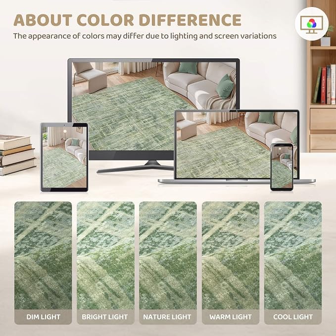 UERMEI 8x10 Washable Area Rug for Living Room: Modern Neutral Abstract Large Soft Low Pile Carpet Non-Slip Pet Kids Friendly Indoor Decor for Bedroom Dining Room Home Office Nursery Green