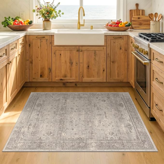 3x5 Washable Entryway Rug, Non-Slip Low Pile Soft Mudroom Rug, Stain Resistant, Greige, Warm Grey Granite, Vintage Mineral Geometric, Organic Modern, Farmhouse for Kitchen & Bedroom Bedside