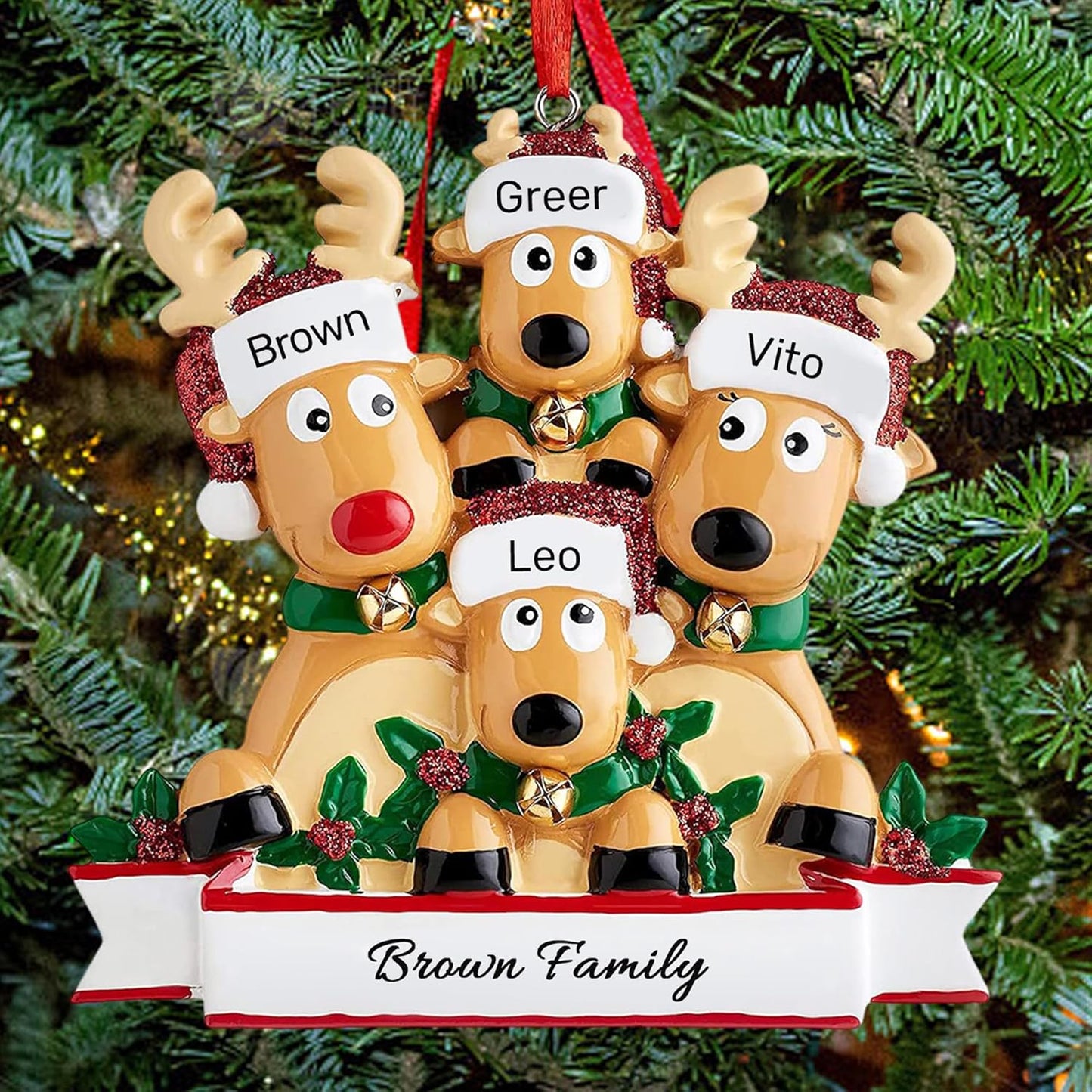 Personalized Christmas Ornaments 2025, Custom Reindeer Family Ornaments for Trees with Names, Handcrafted Christmas Deer Decorations for 2-8 Members, Meaningful Xmas Family of 4