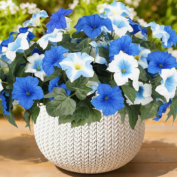 Artificial Flowers for Outdoors, Faux Petunias Spring Summer Decoration, Fake Flowers Plants UV Resistant Look Real Silk Flowers for Outside Planter Front Door Porch Patio Yard (12, Blue-White)