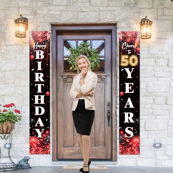 5665 Happy 50th Birthday Porch Sign Door Banner Decor Red and Black – Glitter Cheers to 50 Years Old Birthday Party Theme