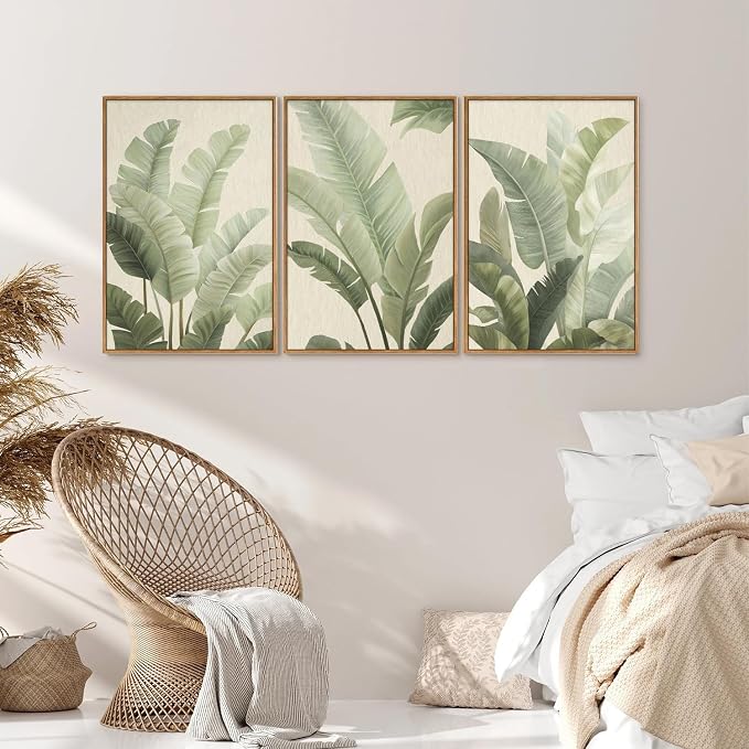 Rantodecor Sage Green Framed Canvas Wall Art, Minimalist Tropical Leaf Wall Decor, Boho Beige Nature Leaf Art Paintings, Bohemian Triple Panel Plant Artwork for Bedroom Living Room Office 24"x36"x3