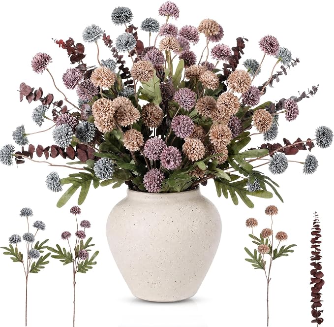 Hoteam 36 Pcs Artificial Chrysanthemum Flowers Bouquet with Dried Eucalyptus Leaves 15 Stems Fake Mums 21 Stems Preserved Eucalyptus for Vase Home Decor Wedding Centerpieces(Blue Violet)