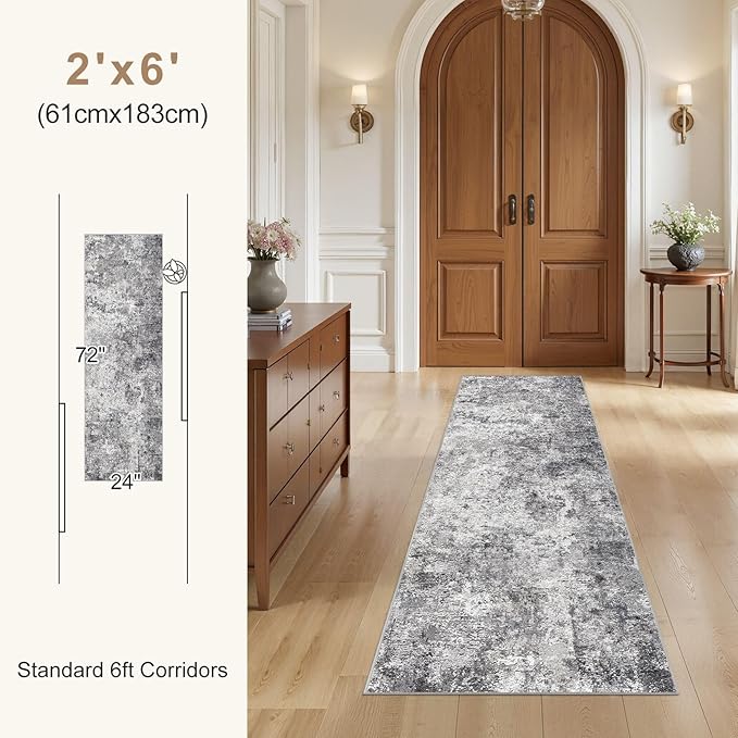 UERMEI 2X6 Washable Runner Rug for Hallway: Soft Neutral Modern Abstract Area Rug - Non-Slip Low Pile Long Throw Indoor Carpet for Kitchen Entryway Kitchen Bedroom Laundry Bathroom - Grey