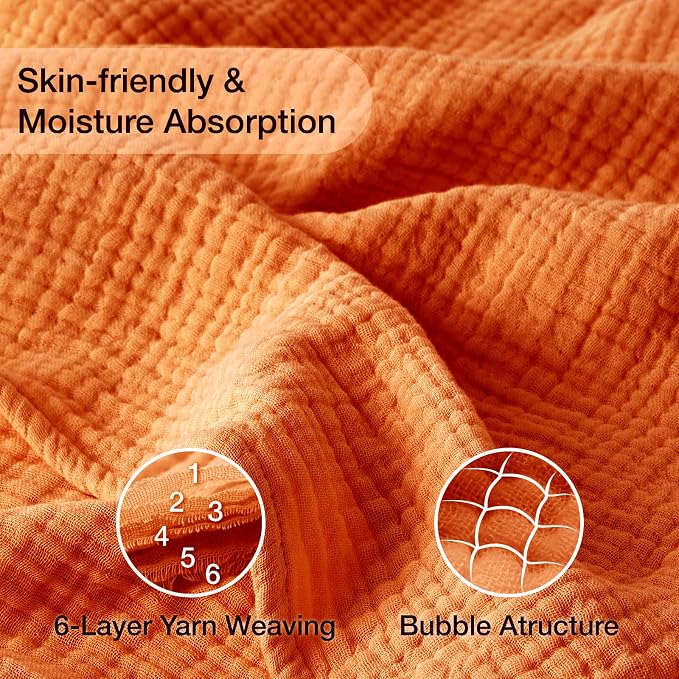 100% Cotton Muslin Blanket Large 50"x 70", 6 Layers Breathable and Lightweight Cotton Throw Blankets for Couch, Soft Cooling Summer Gauze Blanket for Adults All Season, Orange