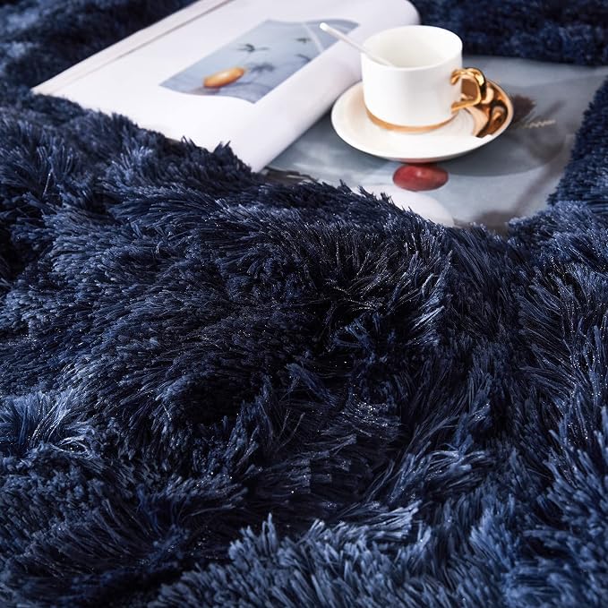 Tie Dye Printed Faux Fur Bedding Set Modern Abstract Shaggy Plush Duvet Cover with Pillow Shams, Ultra Soft Warm (Queen, Tie Dye Navy)