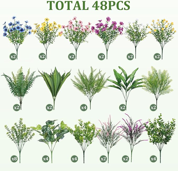Alupssuc 48Pcs Artificial Flowers and Plants,UV Resistant & No Fade Fake Plastic Greenery Shrubs for Home Garden, Pathway, Front Porch-Spring Summer Decor, Indoor/Outdoor Use,Pink Purple Yellow Blue