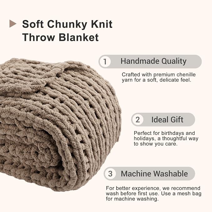 Battilo Beige Chunky Knit Throw Blanket, Soft and Thick Taupe Chenille Throw Blanket, 50"x60" Handmade Cable Knit Crochet Blanket, Cozy Knot Knitted Throw Blankets for Couch Home Decor, Taupe