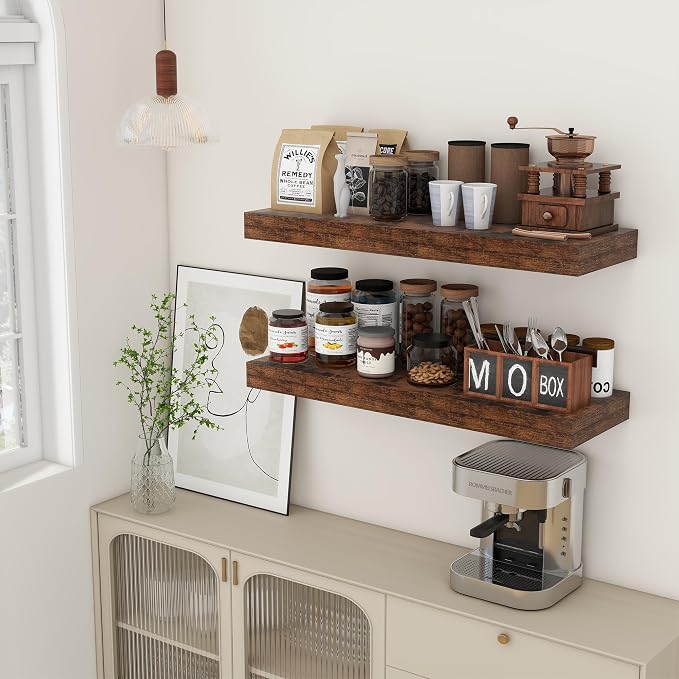 FLYJOE 36'' Brown Floating Shelves, 12 Inch Deep Shelves for Wall Set of 2 | 36'' x 12'' Rustic Brown Wood Shelves for Framhouse Living Room Bathroom Kitchen Laundry Room