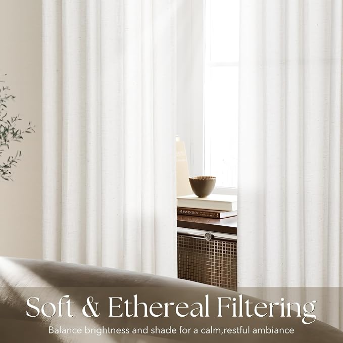 105 inch Long Pinch Pleated Curtains for Living Room Natural Cream Semi Sheer Light Filtering Linen Curtain 105 inch Modern Farmhouse Neutral Linen Drapes with Rings Hooks Ceiling Floor Length Ivory