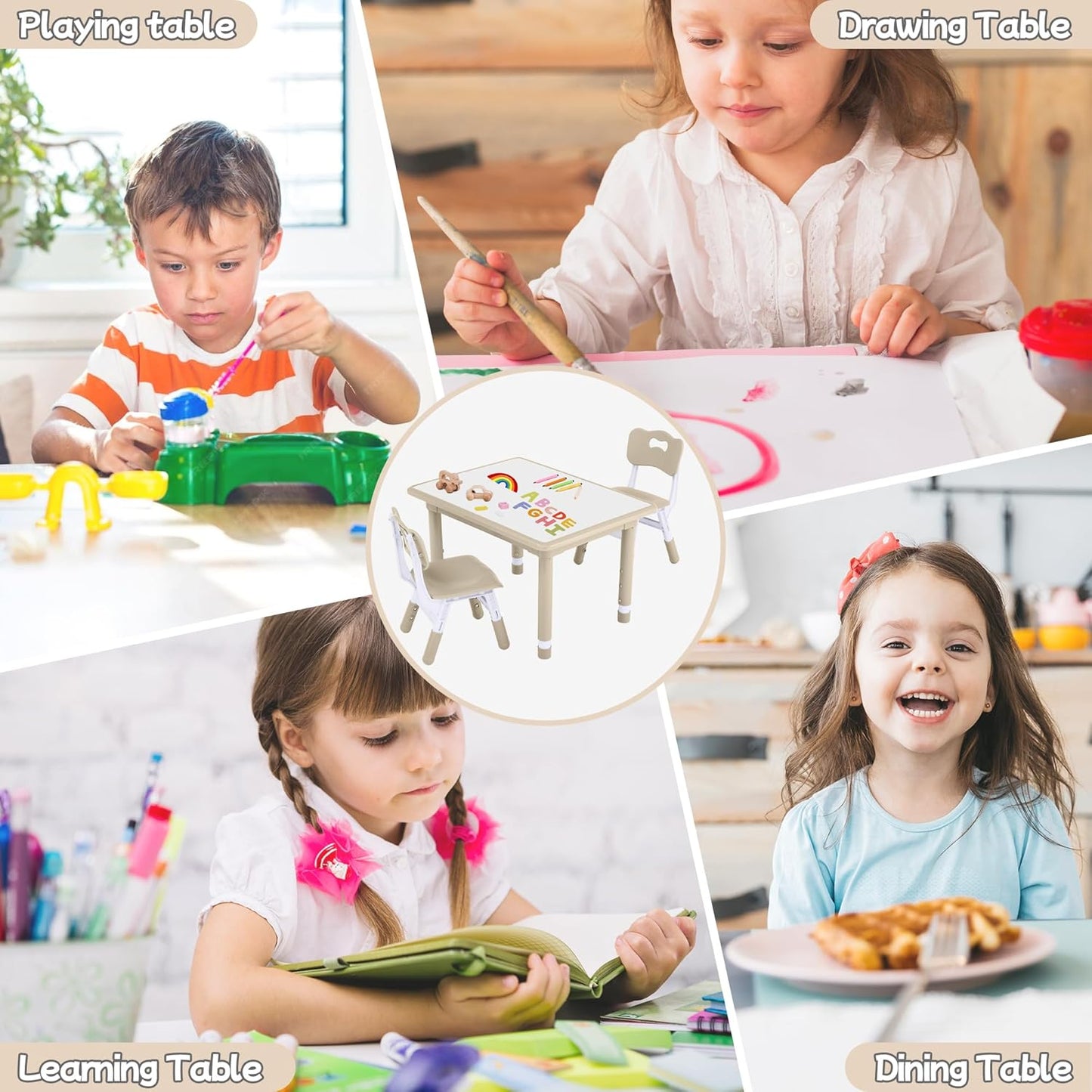 Toddler Table and Chair Set, Height Adjustable-Upgrade Kids Table and 2 Chairs for Ages 3-8, Multi-Activity Toddler Play Table with Graffiti Desktop for Home/Daycare/Classroom