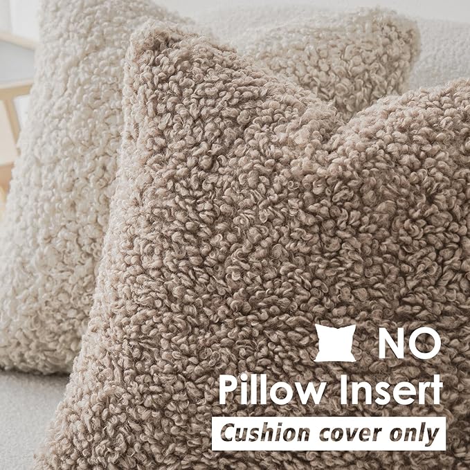 Foindtower 2 Pieces 16x16 Inch Khaki, Faux Fur Throw Pillow Cover Accent Sherpa Pillow Fuzzy Soft Pillowcases Sheepskin Decorative Fleece Cushion Case for Bed Couch Living Room