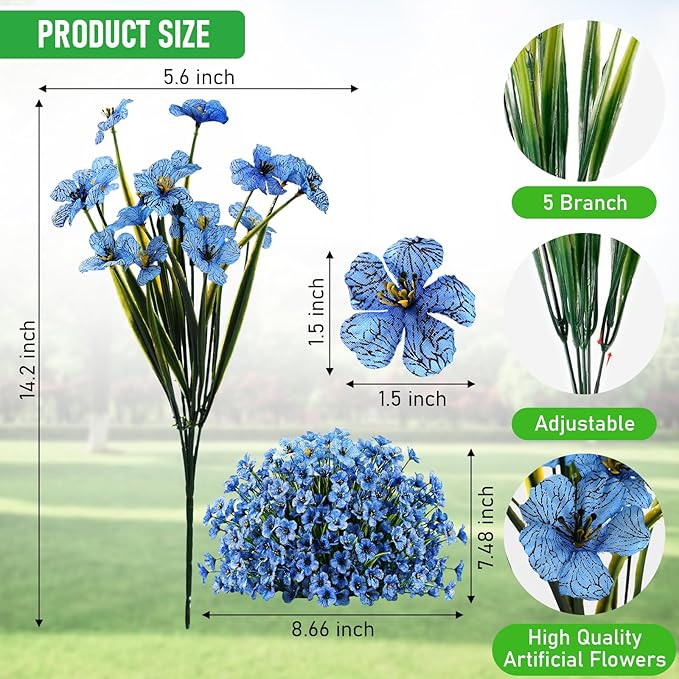 Powbrace 60 Pack Artificial Flowers for Outdoor Indoor Fake Plants, Faux Silk Flowers for Outdoors Outside Front Porch Hanging Planter Window Box Garden Spring Decoration(Blue)