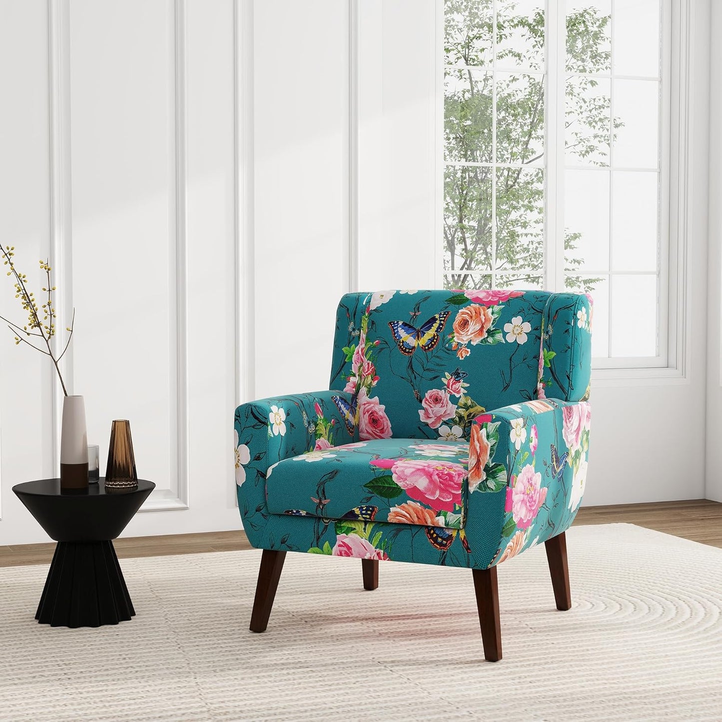 UIXE Floral Accent Chair, Modern Upholstered Armchair in Fabric for Living Room, Comfy Club Arm Chairs Single Sofa Button Tufted Bedroom Reading Seat - Pattern Blue, Set of 1