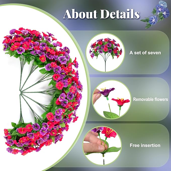 Ammyoo Artificial Fake Hanging Flowers with Basket, Faux Silk Morning Glory Flower Arrangement for Spring Summer Decor, Hanging Plant for Patio Garden Porch Outdoor Decor